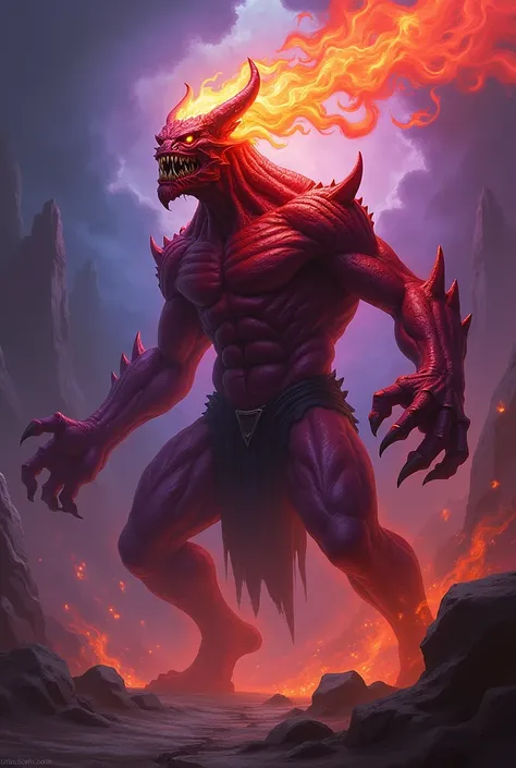 Beast with the face of a demon, four arms and red and purple in color, with a mouth that throws fire 