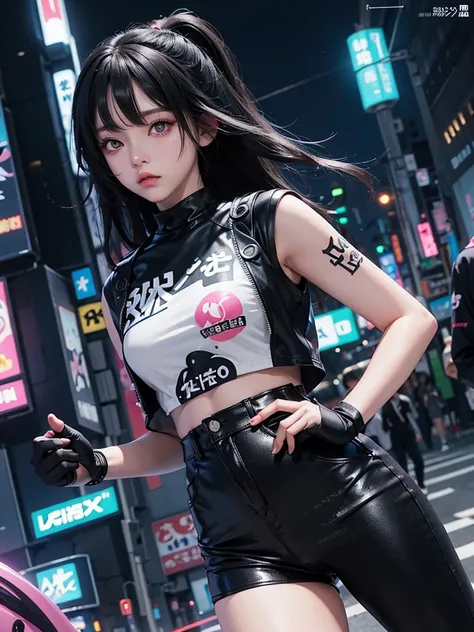 2 s,   black hair,   moonlight eyes  ,     ((  anime style  )),   hip-hop clothes inspired by Harajuku, clothes color black ,   background with neon ink splashes  , Soft stroke  , Night scene in Tokyo , 4K, holographic clothes ,   high resolution,  cyberpu...