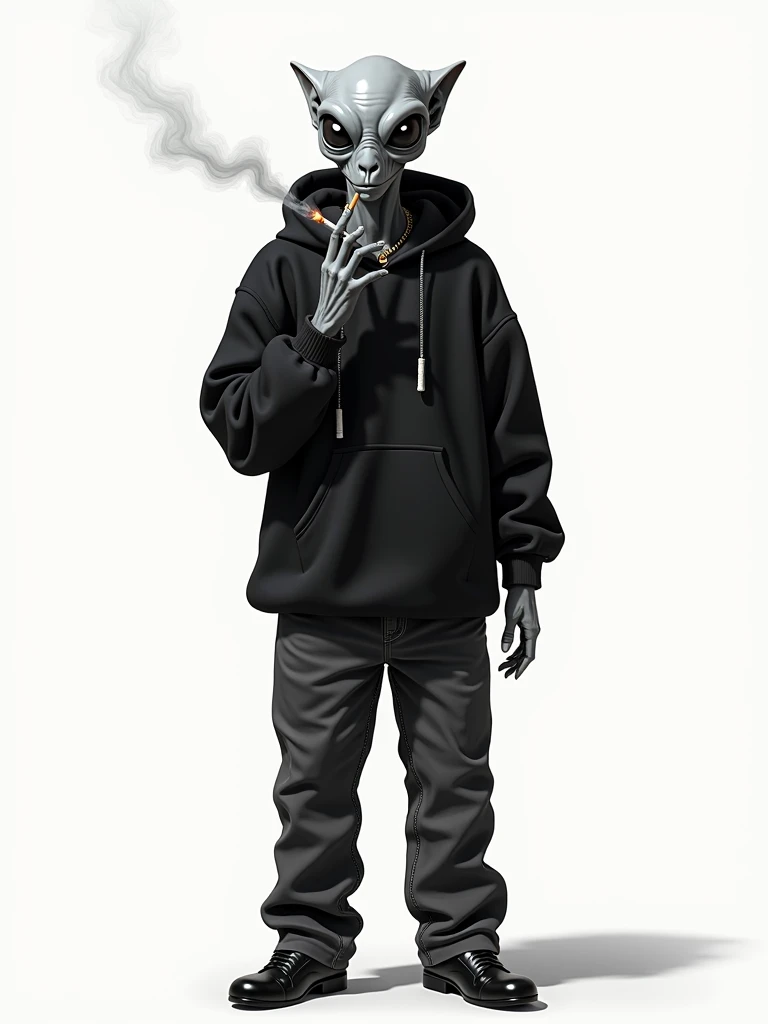 Grey alien, with gangster clothes, black sweatshirt and jeans, all white background scenery, he holds a cigarette, smoke exhales through the environment