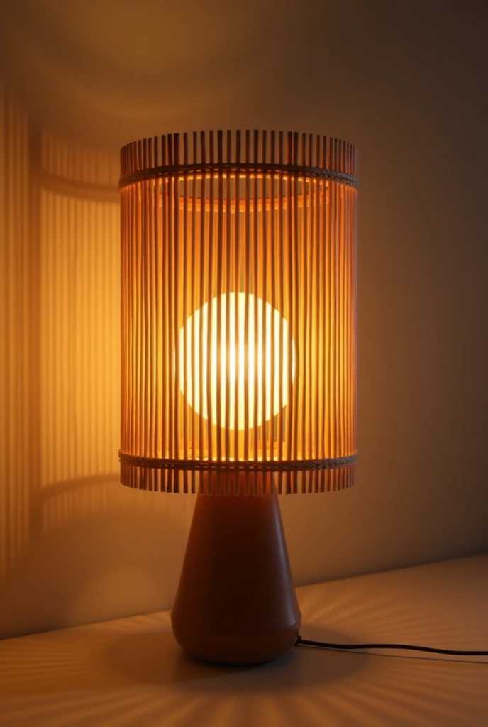 @ Meta AI Chate create an image of a lamp with warm light where it must have the following characteristics .  The lamp must have 1 , 20 meters high and must be made of several bamboo sticks remember to create with just one lamp and leave the bamboo sticks ...