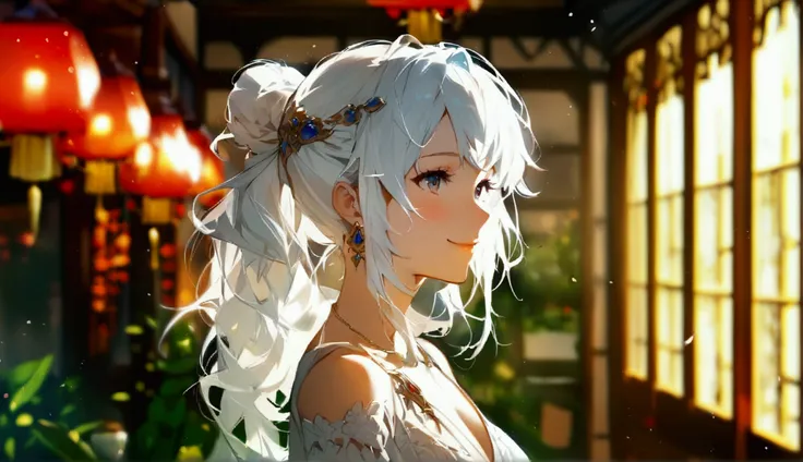 Inn, Receptionist, White Hair, smile, cute, highest image quality, 1 girl, solo, fantasy