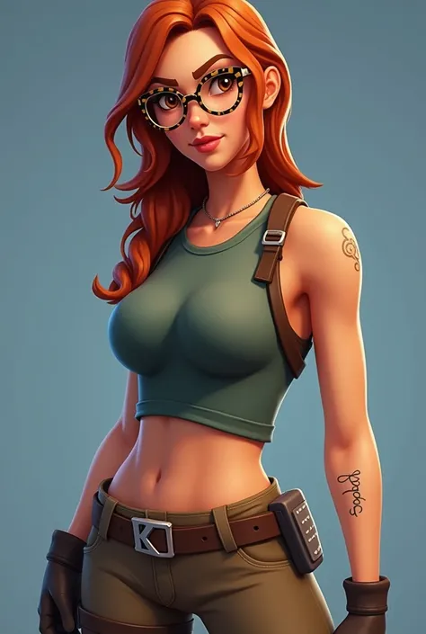 Can u generate a picture of a Fortnite character that looks like me, im 165cm, skinny , i have ginger straight/wavy hair that’s length to my chest i have big eyes and i wear leopard printed eyeglasses And i got a round face and make me wear the Lara Croft ...