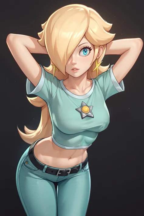 score_9, score_8_up, score_7_up, source_anime, rosalina, blonde hair, blue eyes, hair over one eye, long hair, star earrings, solo, cowboy shot, black t-shirt, taut clothes, tight shirt, midriff, navel, jeans, black belt, arms behind head, leaning forward