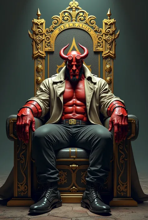 Draw a picture of a hellboy sitting in a chair in the form of cards The emperor