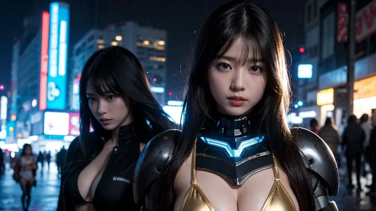  One girl ,Woman covered in complex white cybernetics, Blue LED light, Combat Uniform,  clevis on a stone, high tech,  ultra high def, 32K, ( bikini cyborg robot parts), (  Details:1.4),  cyberpunk city background , Rainy Street,  beautiful faces,  long go...