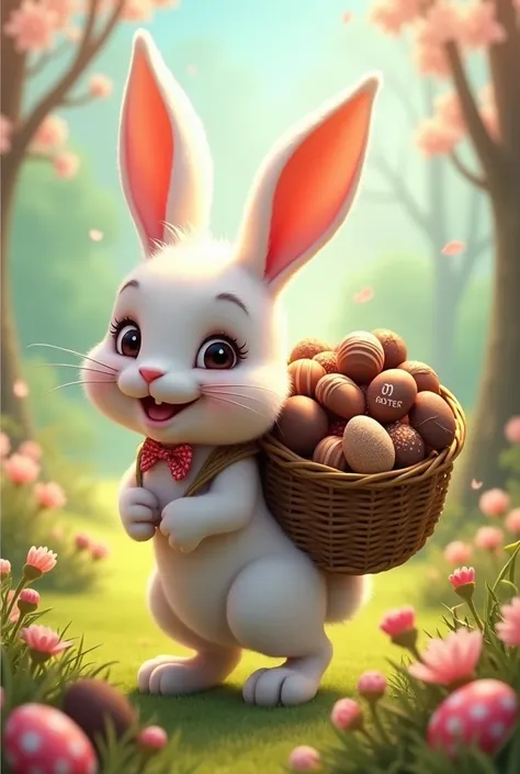 The cute Easter bunny with basket in his back full of chocolate he wears a cute bow on his neck 