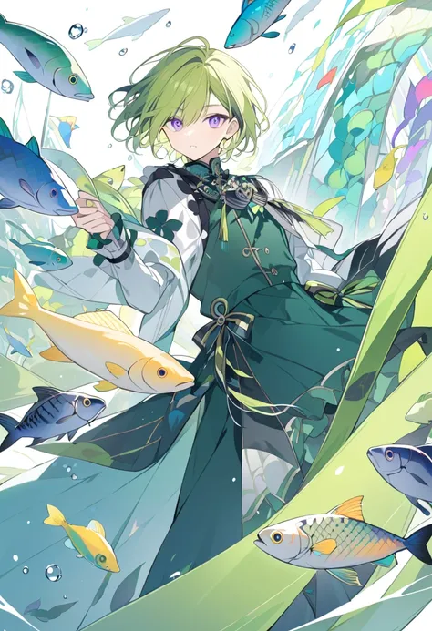 dark green yellow hair， Purple Eyes，whole body，male，Dress，Side Bangs，fish