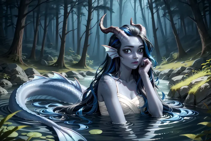 ( sprawling cedar , Cedar forest), (1Тiefling ,  dark blue-gray skin :1.5), ( very thick long tiefling dragon tail :1.5), ( long black flowing hair with dark blue highlights:1.4), ( the bright blue-black pigmentation on the face :1.5), (blue-black freckles...