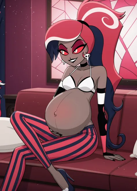 score_7_up, score_6_up, score_5_up, score_4_up, 1girl, Velvette, Velvette (Hazbin Hotel), (short girl, petite girl), ((dark skin)), long hair, Ponytail hairstyle, red hair, (cartoon screencap, cartoon screenshot), pregnant, pregnant belly, big Belly, large...