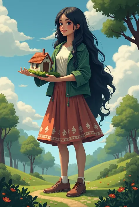 A giant girl named Fatima is  friendly smile has long black hair is bigger than a skyscraper standing in the park holding a house in her hands is a teenager 