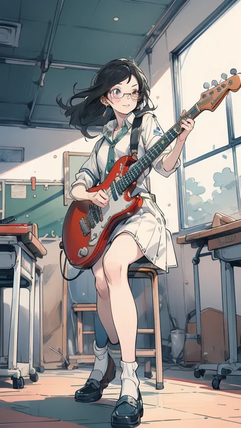 A dynamic anime-style illustration of a youthful high school rock band performing in a classroom. The three band members, all wearing modified Japanese high school uniforms, exude energy and charisma. Front-left: The lead vocalist and bassist, a stylish bo...