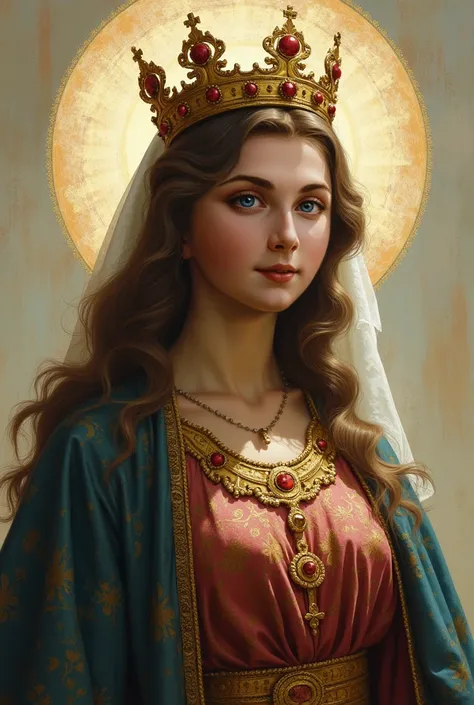 Saint Agnes has a small mane with a crown on her head. Her price is very long and wears royal clothes