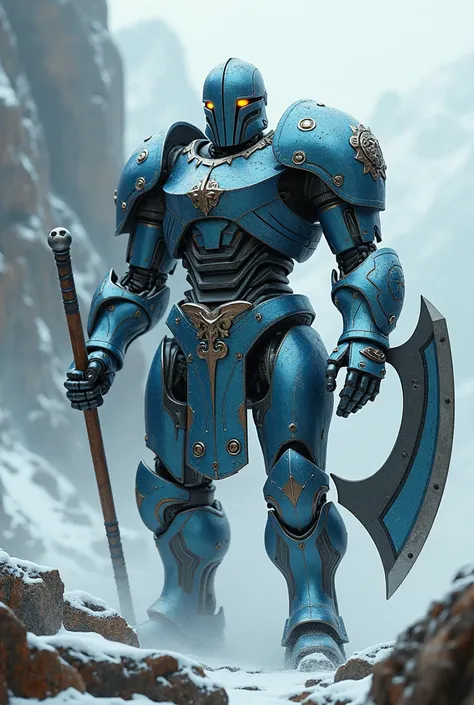 Robotic Viking with an axe and blue and silver 