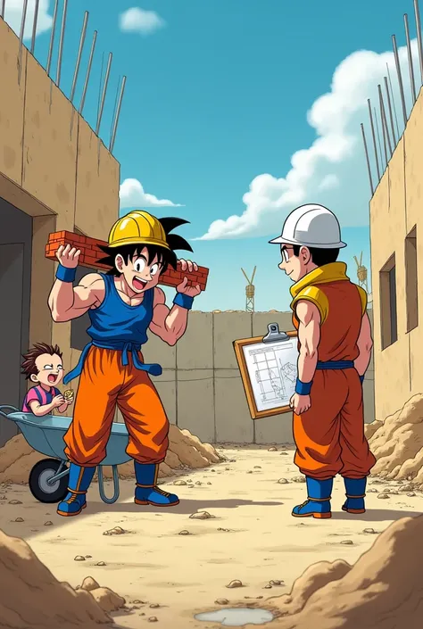 

 A comical setting at a construction site . Goku,  dressed as a bricklayer ,  with yellow helmet and blue tank top ,  is in the middle of the work doing one-arm push-ups ,  with bricks piled on his back for  "Training ". next to, Kuririn,  also dressed a...