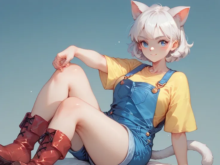 1 girl, pale skin, White cat ears, ((by//white color)), 1 moño rojo en el by, ojos amarillos,  yellow t-shirt , Blue overalls, pecho mediano, high hips , Red boots. 