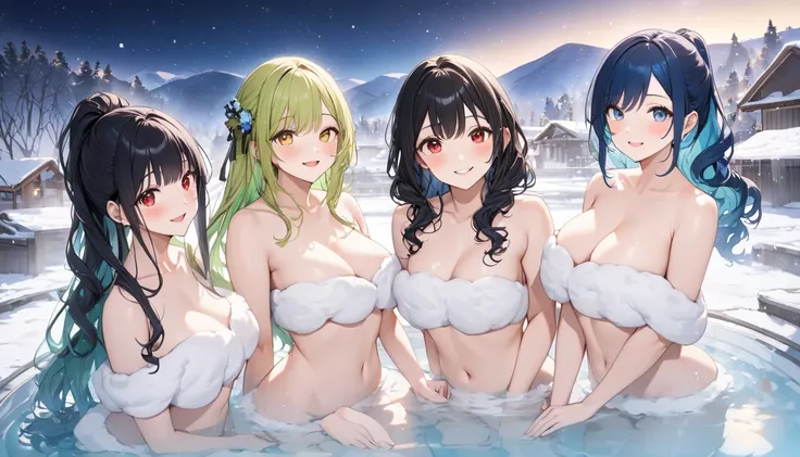 panoramic, above-angle, (five girls are beautiful and sexy body style, happy smile), Each girl has a unique appearance, break, (First girl is blue hair forehead long hair, cute blue eyes), (another second girl is green hair ponytail hair, cute yellow eyes)...