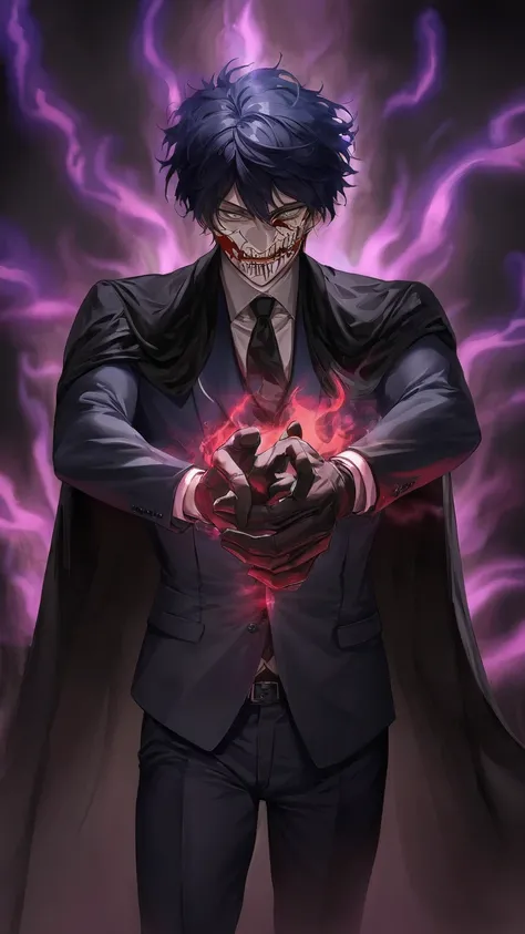  masterpiece ,  Detailed  ,  better quality , chico ,  dark blue hair , high , , elegant suit , tie ,  dark pants  ,  ultra powerful aura  ,  undecipherable expression ,  gray eyes , dark gloves , Long black cape , ((Alone)) , high , strong , Iris gray , m...