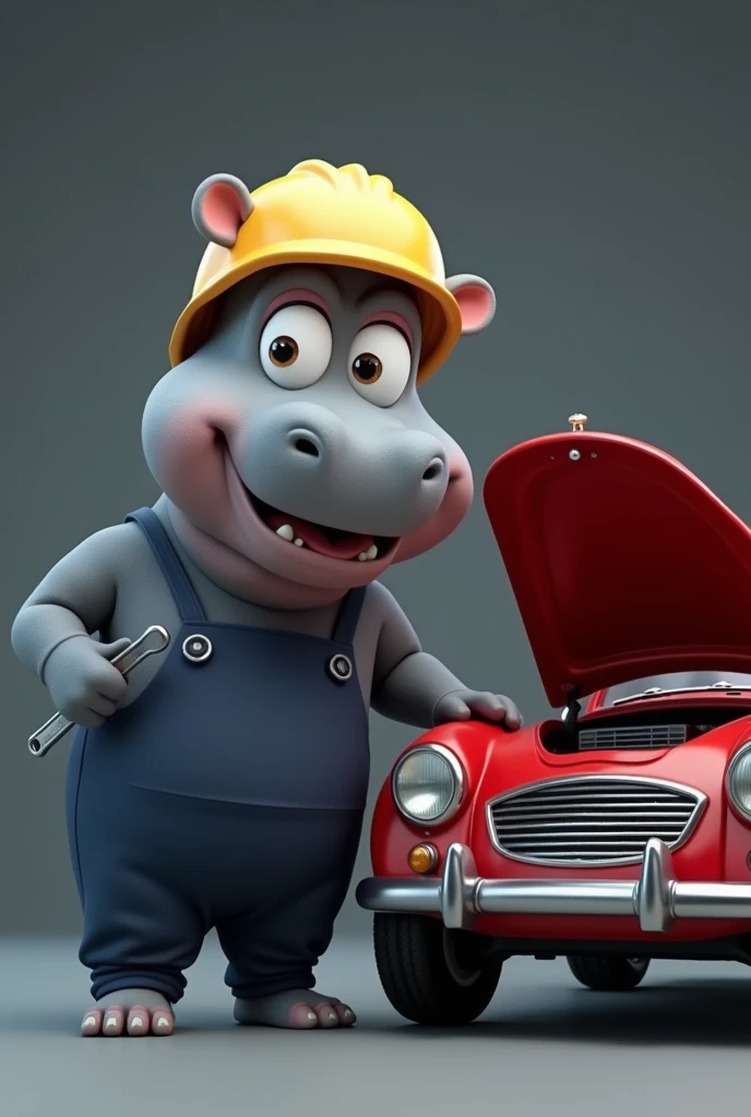 Imagine an animated hippo fixing a car. The hippo has a friendly and playful appearance, with shiny blue-gray fur and big, shiny eyes that convey a sense of kindness. He wears a simple dark blue or gray mechanics suit and a yellow helmet.

The hippo is sta...