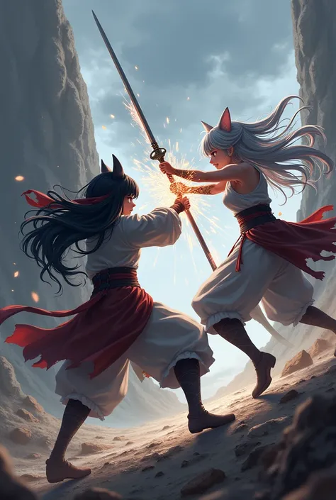  a battle between two hybrid girls ,   One has black hair、the other one has gray hair   ,   one uses a sword 、the other uses a long spear with a blade . 