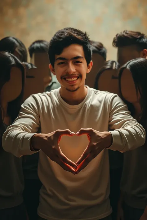  Young man giving a heart-shaped protective hug to 10 people. Album-style image 