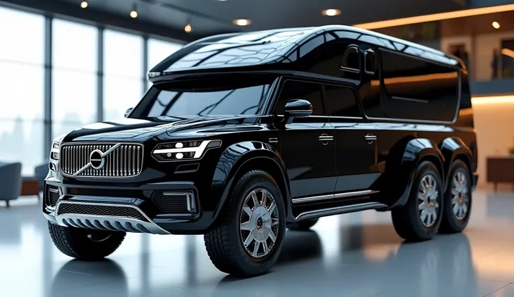 "An ultra-detailed 3D render of a modern 4x4 Volvo  Motorhome with a bold and futuristic design. The vehicle is painted in gleamy black with a prominent logo Volvo on its front left side grille. It features a large, white, intricately detailed grille, silv...