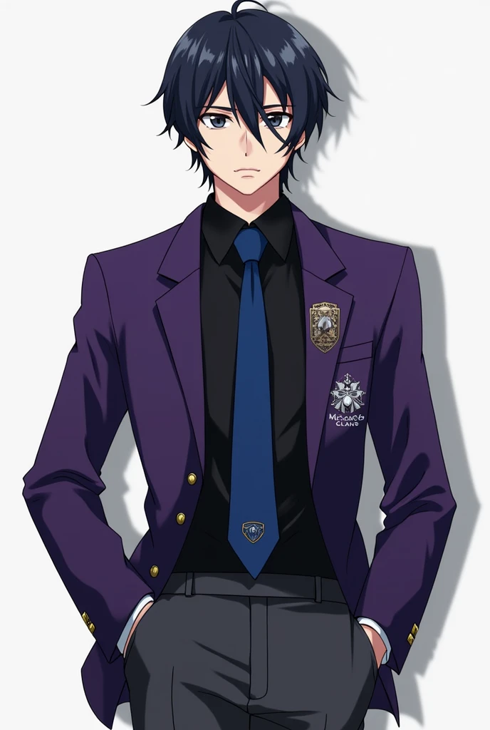 Moonshadow Clan assassin student uniform (black  button-up) (purple blazer) (M.S.C.A.W.S. sown on the blazer) (dark grey pants)  (Moonshadow logo sown on the on the blazer under the lettering) (the Moonshadow logo is silver knives crossing) (blue tie) (Ani...