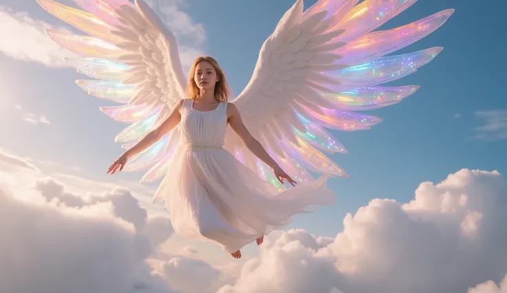 a beautiful angel with a perfect face in real 4k, with shiny multicolored wings flying