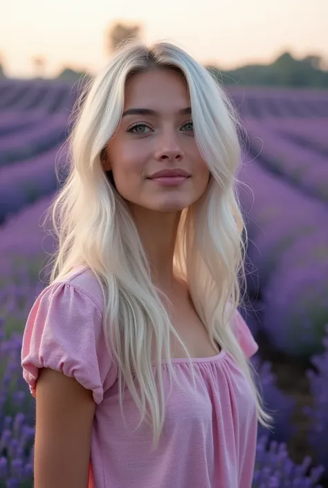 A beautiful Instagram model with white long hair and green eyes savoring the beauty of the lavender fields in Provence, the purple waves stretching out to meet the horizon.