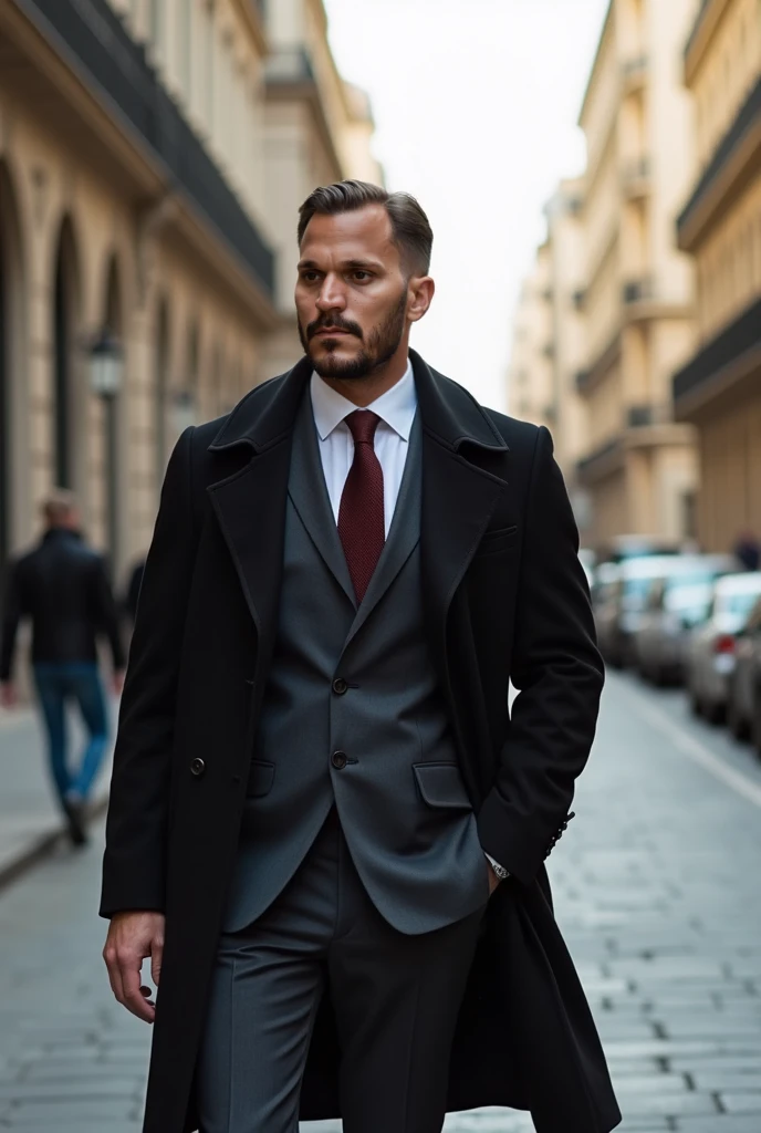  “An elegant and stylish man , wearing a classic overcoat ,  walking confidently through a stunning city during the day.  The city is filled with impressive architecture ,  with well-maintained streets and enchanting cityscapes .  He conveys a sense of sec...