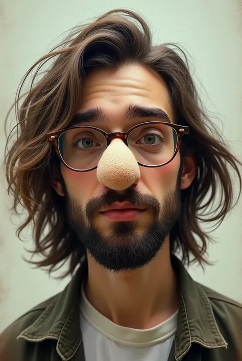 A boy with long hair up to the neck, short not so bushy beard, gooey skin color, square glasses, raised eyebrows, a felted nose 