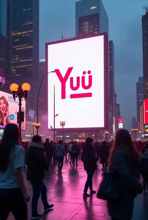 Slogan with the name Yuü on the screen in a public square.