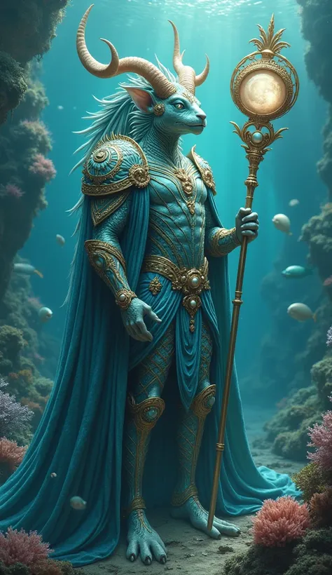 "Imagine a gigantic, imposing, and realistic fantastic creature representing the Pisces zodiac sign as a king. Its form is that of a majestic creature with the body of a gigantic fish and a flowing tail, covered in iridescent scales that shimmer in deep bl...