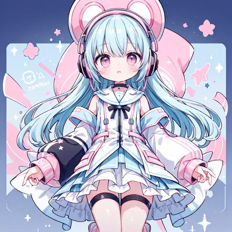  long light blue hair，pink and white trainers， pink eye， black headphones ，high image quality、 High Quality 