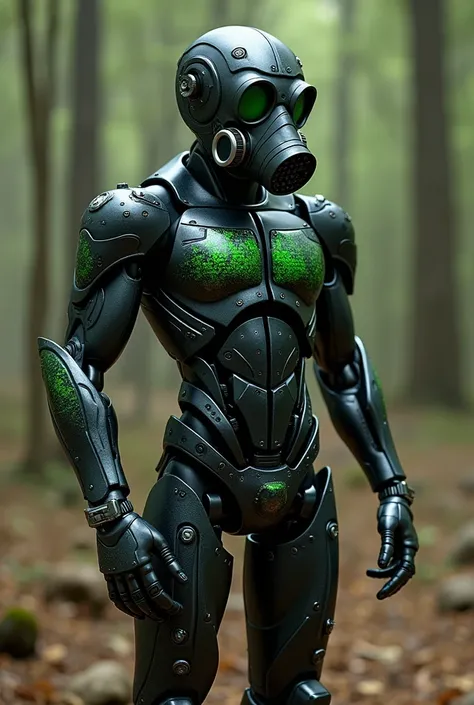  I wanted to create a jojo stand with a humanoid body with the predominant color being matte black I try silver details and other details I have pine cones in lime green, He is half robotic and wears a gas mask  