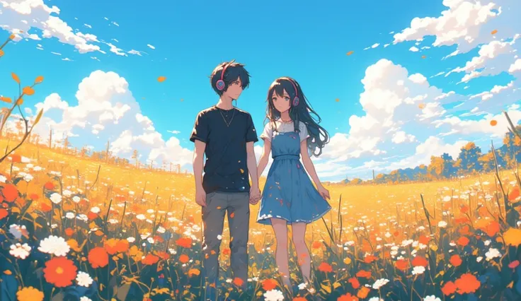 anime couple with headphones standing in a field of flowers, digital art by Alena Aenami, trending on Artstation, digital art, lofi artstyle, anime style 4 k, artwork in the style of guweiz, lofi art, anime style. 8k, anime vibes, alena aenami and android ...