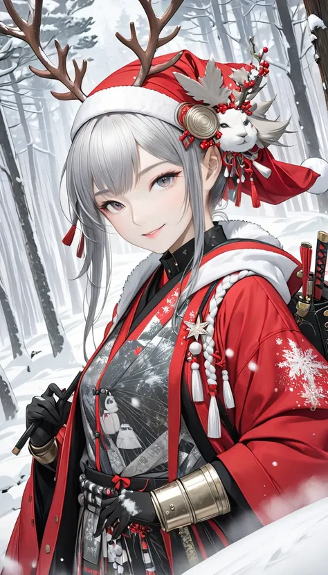 ((Female, Samurai, Silver hair, Star hair accessory, Smiling face, Armor the same color as Santa Clauss outfit, Reindeer antlers, Heavy snow, Snowy forest))),(Ashley Wood: 1.3),Realist,(Masterpiece, Top quality, Official art, Beautiful, Gothic, Tokyo Ghoul...