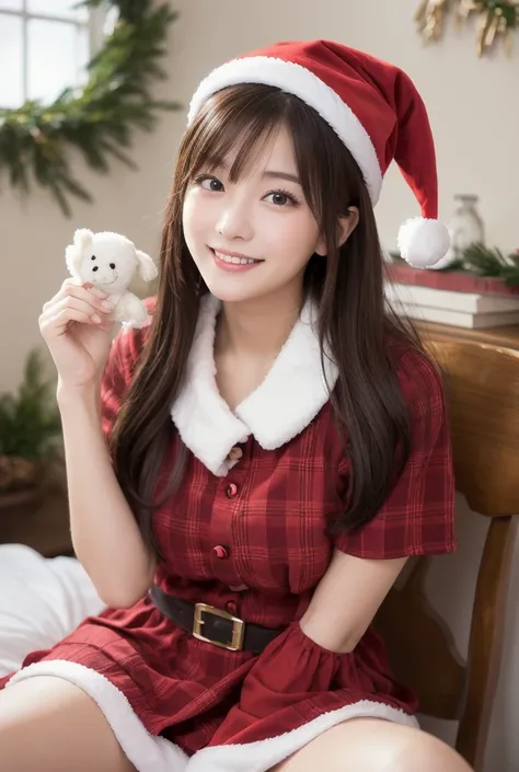  Inhaling Eyes , cute double ,  Woman Cuddling Her Favorite Plush Toy at Home,  Santa Claus Outfit ,  cosplay,  Christmas, small animals, Inward-curling short hair,  curly hair , Freshly washed hair , First home date, Talented , Kind personality,  woman wh...