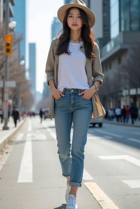  beautiful Korean girl wearing long pencil jeans typical of a woman wearing a white t-shirt 、Jeans wearing an outer jacket 、 standing with white Nike shoes rolled up in white Nike shoes 、 standing next to the camera head 、 feeling a hat in her hair on the ...