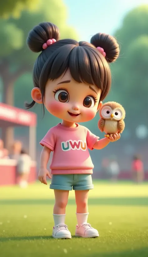 A cute and adorable  girl with her hair styled into two high buns and bangs, her shimmering hair strands glowing in the warm sunlight. She’s a beautiful  with rosy cheeks, wearing a pastel-colored shirt with the word “uwu” printed on the front. She stands ...