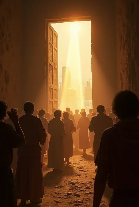 create an image of some people being blinded by a ray of light outside the door of Lots house in the biblical city of Sodom