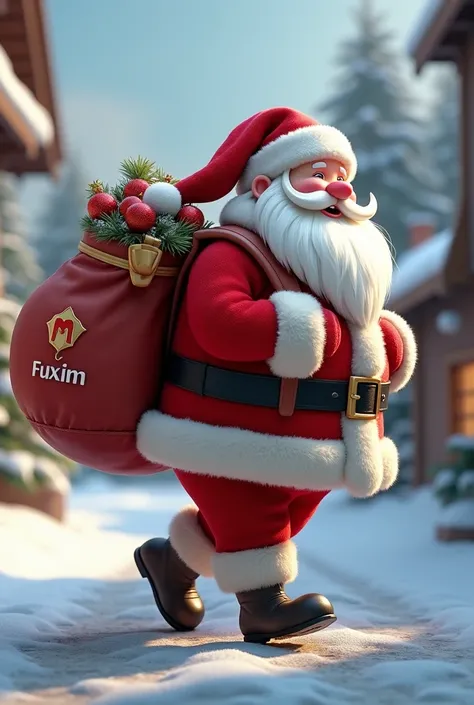  Santa Claus on his back walking ,  carrying his gift bag with the FUXION logo on his back. And turning his head ... real image 