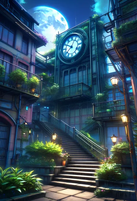  clock and stairs in a cyberpunk garden, 2. 5 d cgi  Anime Fantasy Art,  Anime Fantasy Art,  Anime Fantasy Illustrations ,  anime concept HDR anime McManus ,  stylized urban fantasy artwork,  anime scene concept art , Anime girl in a dark room with ,   hig...