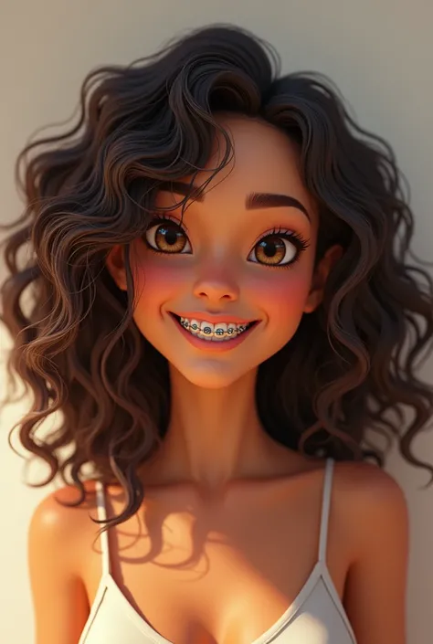 create a brunette woman,  she is a brunette she has curly hair half straight ,  her name is FABY , She weighs 70 kilos ,  she has light brown eyes and wears braces on her teeth 