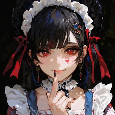  top quality , masterpiece,  748cm style 、 One girl , heart face mark , v over eye ,  nail polish,  viewers, Crimson Eyes,   dark red nails,   closed mouse, Black Hair, ,  upper body, smile,  Maid Apron ,  maids headdress, Color Dress,  white apron ,  twin...