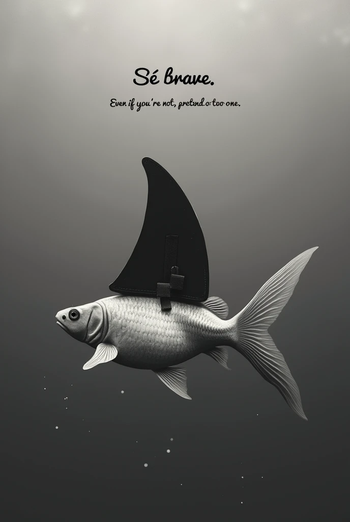  The image is monochrome , in shades of grey, creating a serious and thoughtful atmosphere. in the center of the image, a goldfish swims underwater. What makes the image peculiar is that a black shark dorsal fin has been added to the fish, attached to its ...