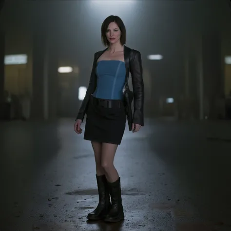 Cinematic photography of Sienna Guillory as Jill Valentine from movie Resident Evil Apocalypse wearing black boots, black hair, short black skirt, blue top. She is in a dark rainy and post apocalyptic city, action pose.