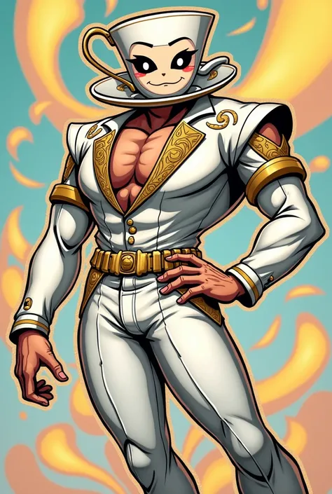 A charismatic cartoon character inspired by the style of JoJos Bizarre Adventure, designed to be a 10/10 in charm and appeal. The character has a muscular, stylish human body with exaggerated features and bold shading, typical of JoJos anime style. Instead...