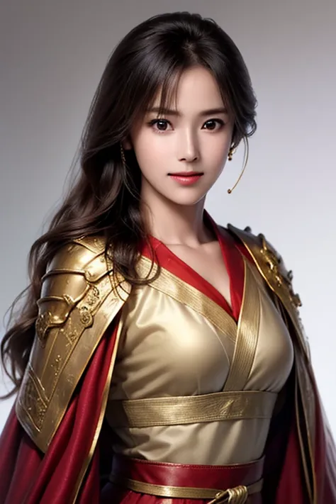 ((The upper body of a female warrior wearing gold and red armor and a cloak:1.4)),1 person,  black hair,  belly shortcut   ,Big breasts and cleavage,  high-definition face and skin texture  ,  staring at the camera,   Chinese Warrior:1.2,  perfect beauty: ...