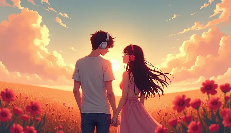 anime couple with headphones standing in a field of flowers, digital art by Alena Aenami, trending on Artstation, digital art, lofi artstyle, anime style 4 k, artwork in the style of guweiz, lofi art, anime style. 8k, anime vibes, alena aenami and android ...