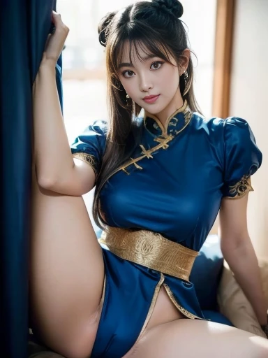 Chun-Li from Street Fight II, Bunhead, sex pose, masterpiece、1 beautiful girl、Fine Eyes、Puffy eyes、highest quality, 超High resolution, (reality: 1.4), Cinema Lighting、Japanese、Asian Beauty、Korean、so beautiful、Beautiful Skin、Body facing forward (超reality的な)、...